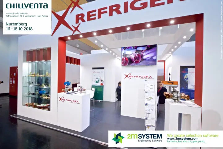 Refrigera stand with brass and copper valves in a lit glass showcase at Chillventa 2018