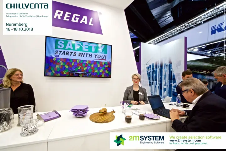 Regal hospitality counter with a "Safety starts with you!" screen at Chillventa 2018