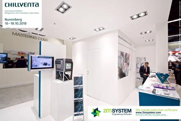 Rivacold R 290 unit on a plinth beside a monoblock product screen at Chillventa 2018