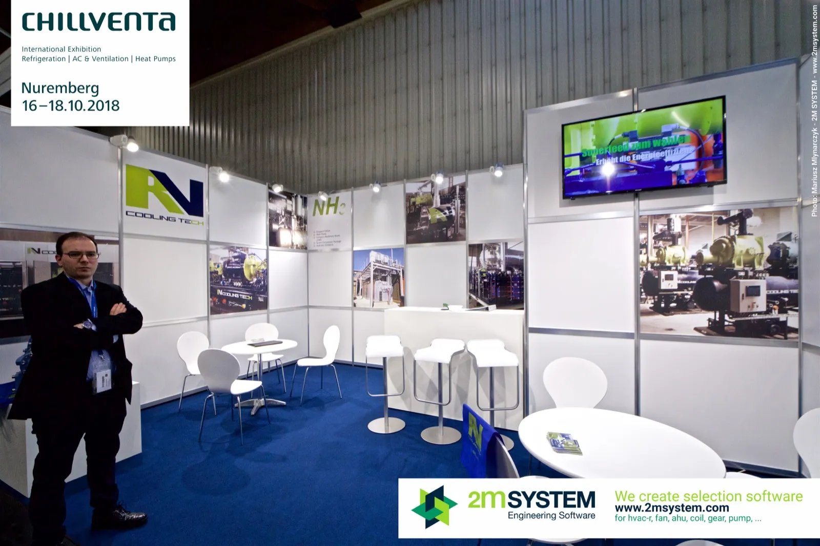RN Cooling Tech stand with NH3 compressor package photos and a screen at Chillventa 2018