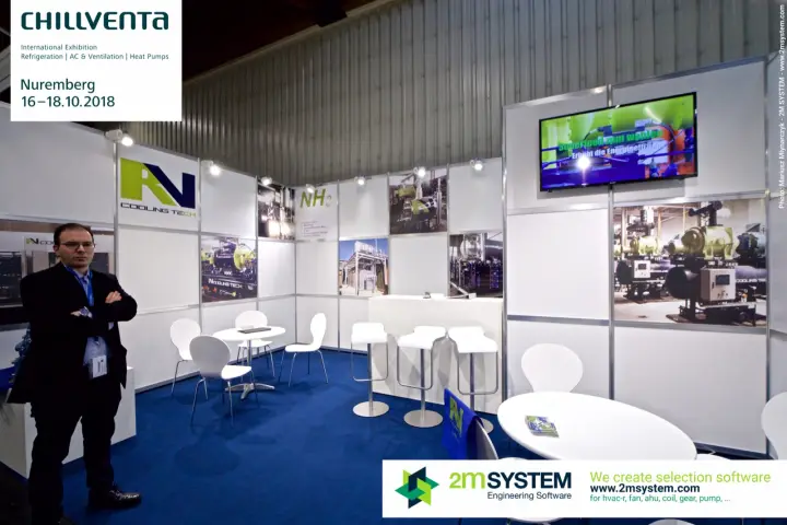 RN Cooling Tech stand with NH3 compressor package photos and a screen