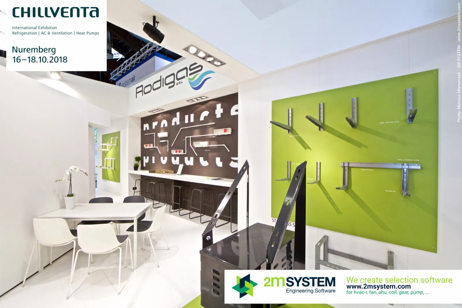 Rodigas stand with green panel of air-conditioner wall brackets at Chillventa 2018