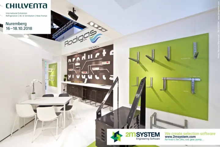 Rodigas stand with green panel of air-conditioner wall brackets at Chillventa 2018