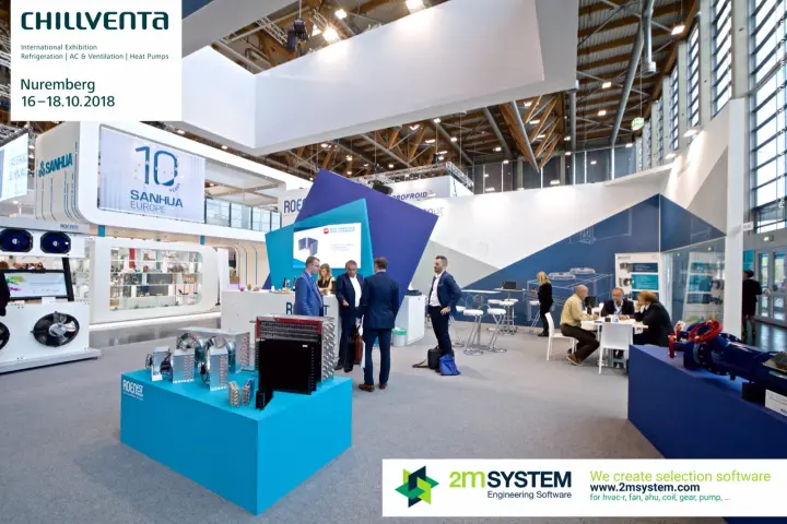 Roenest Group stand with finned coil display and a blue angular back wall at Chillventa 2018