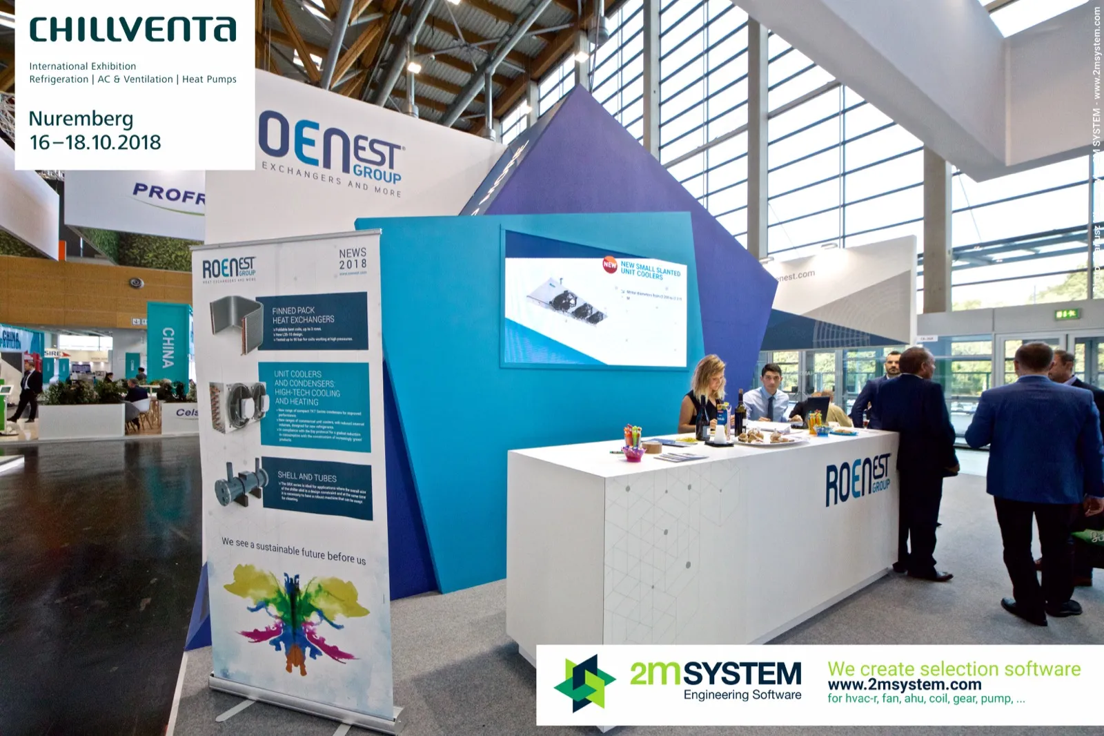 Roenest "News 2018" roll-up next to a screen on small slanted unit coolers at Chillventa 2018