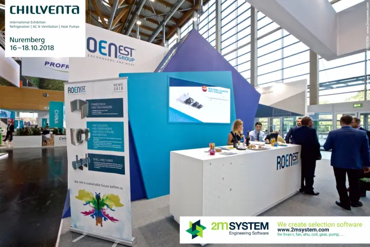 Roenest "News 2018" roll-up next to a screen on small slanted unit coolers at Chillventa 2018