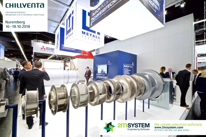 Row of centrifugal fan impellers on the LTi Metalltechnik stand at Chillventa 2018