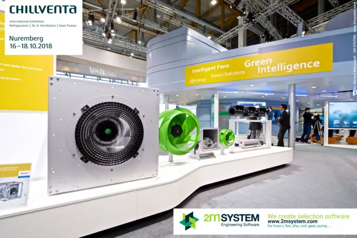 Row of ebm-papst centrifugal fans from a plug fan to green impellers at Chillventa 2018