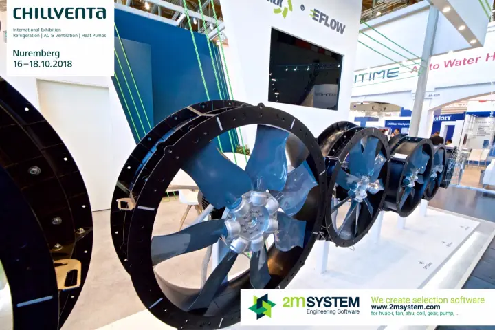 Row of EFLOW axial fans with aluminium hubs in diminishing sizes at Chillventa 2018