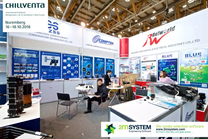Row of HZSS, Comptek and Refworld booths with compressors and heat exchangers at Chillventa 2018