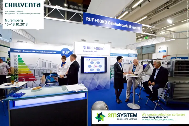 RUF+SOKO Gebäudetechnik stand with energy-label graphics and AHU