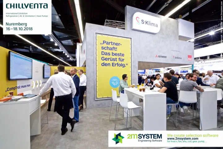 S-Klima stand with yellow slogan banners and crowded bar tables at Chillventa 2018