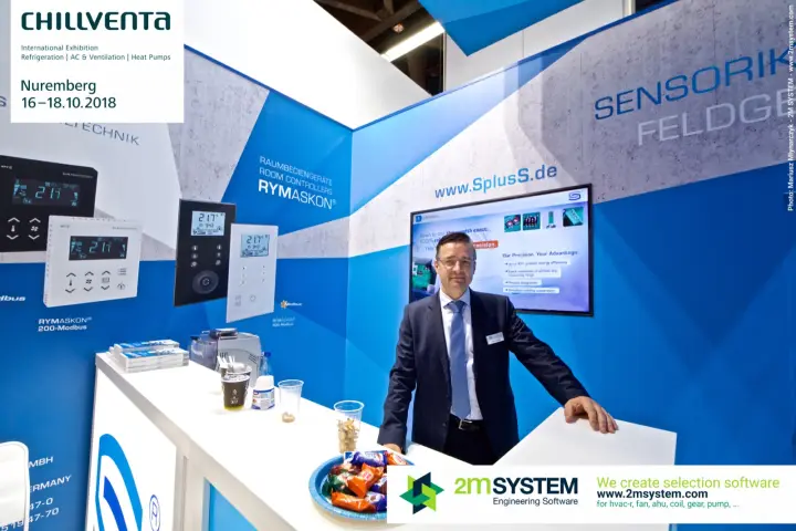 S+S Regeltechnik counter with RYMASKON room controller graphics and a screen at Chillventa 2018