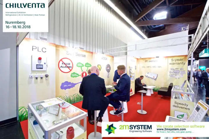 Samon gas detectors and PLC panel on grass-themed stand walls at Chillventa 2018