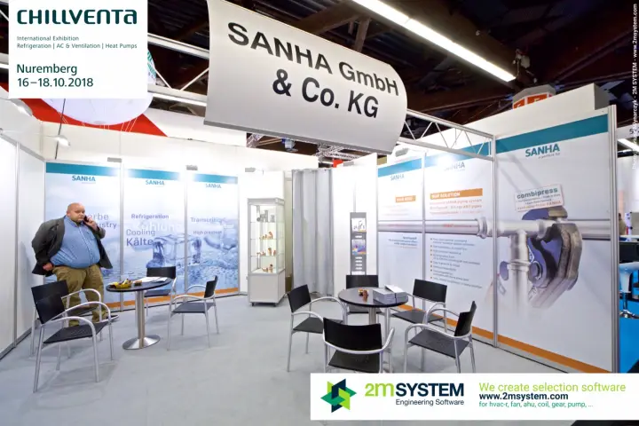 SANHA stand with refrigeration piping graphics and combipress fitting panel