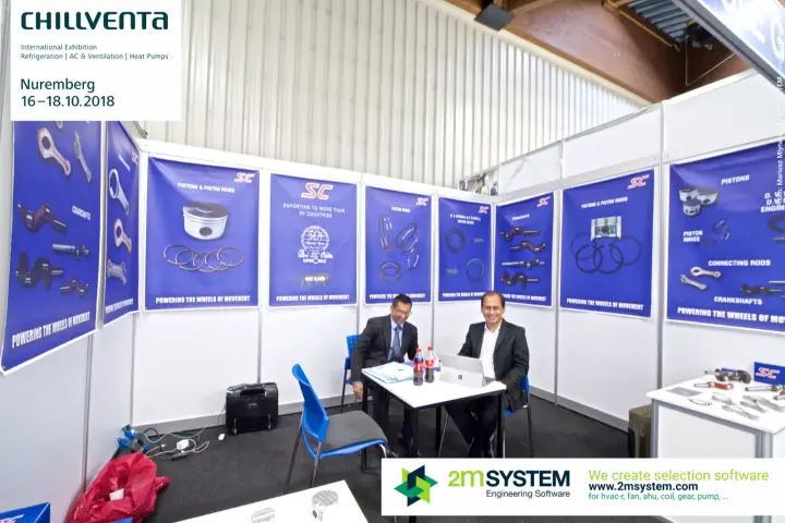 SC stand with posters of pistons, piston rings and crankshafts