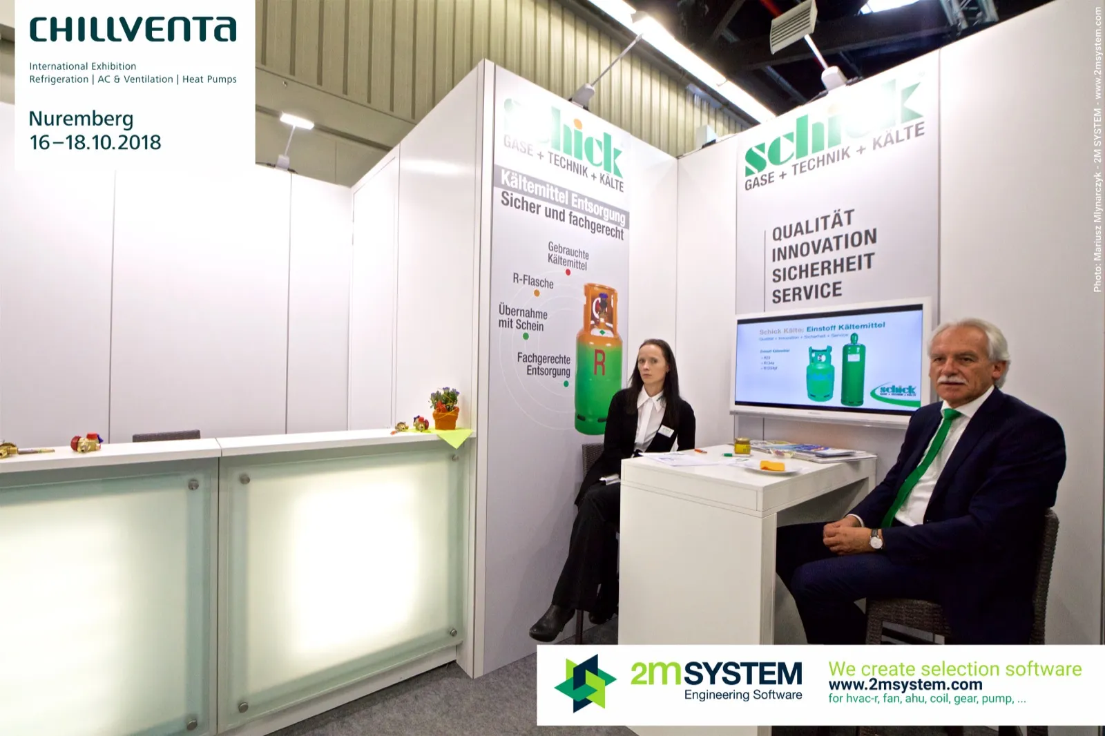 Schick refrigerant recovery graphic and staff at the counter at Chillventa 2018