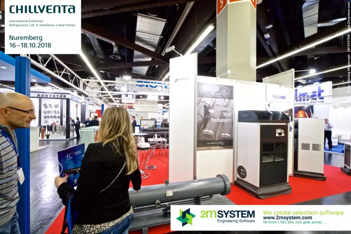 Shell and tube heat exchanger in front of the Farad and Psyctotherm stand at Chillventa 2018