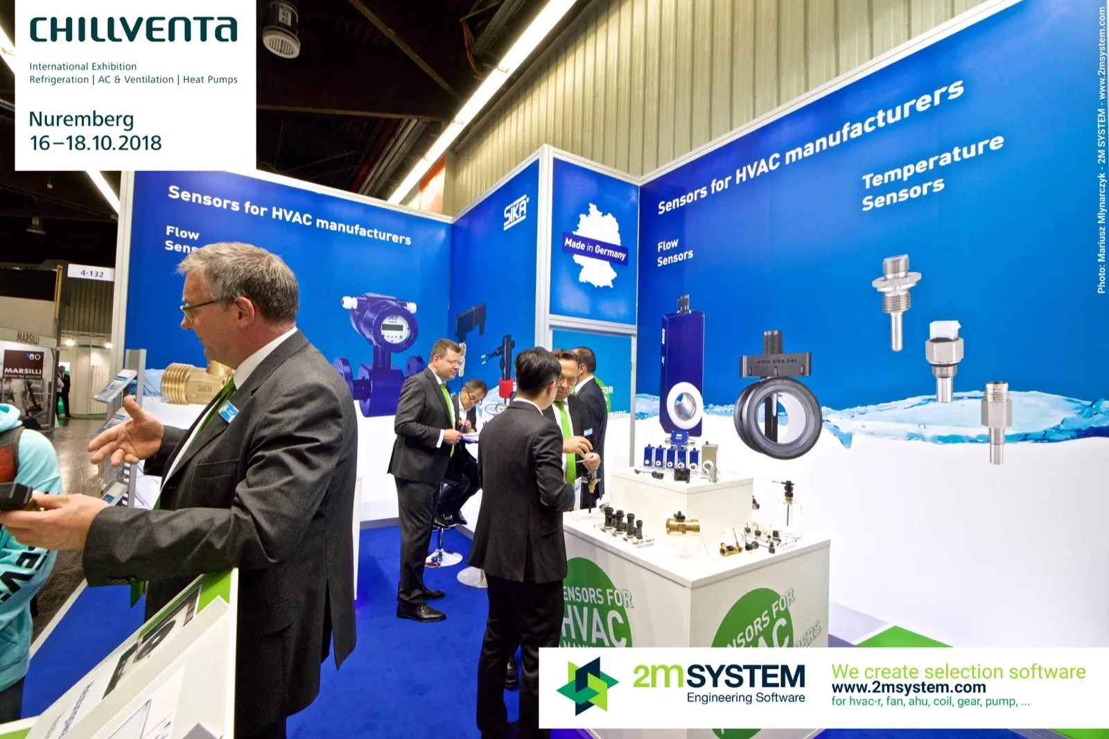 Sika stand presenting flow and temperature sensors for HVAC manufacturers at Chillventa 2018