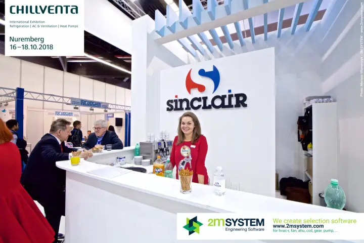 Sinclair bar counter with logo wall and slatted light blue canopy at Chillventa 2018