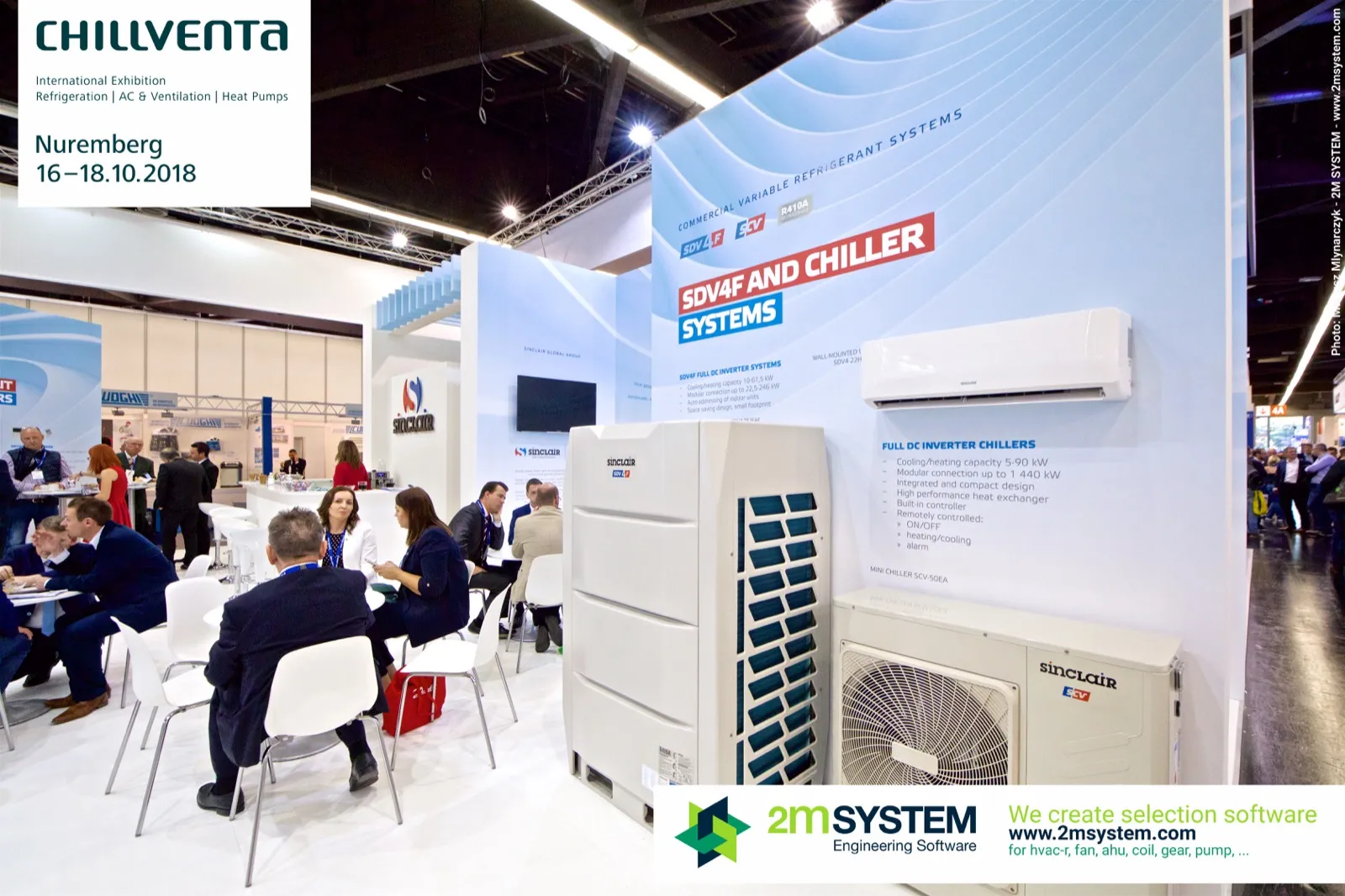 Sinclair stand with SDV4F VRF outdoor unit and mini chiller display at Chillventa 2018
