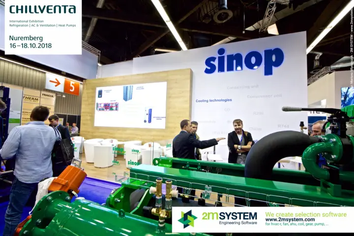 Sinop back wall with backlit logo and heat pump application on screen at Chillventa 2018