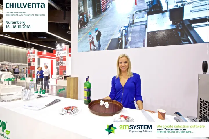 Sinop reception counter under a large video screen of a factory at Chillventa 2018