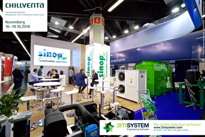 Sinop stand with green housed unit, condensing unit and logo on LED wall at Chillventa 2018