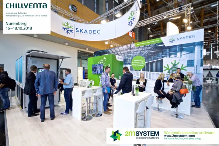 Skadec stand with ring banner, outdoor unit and busy counter at Chillventa 2018