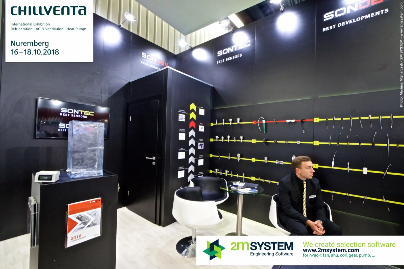 Sontec and Sondev stand with clear block sensor demo plinth at Chillventa 2018