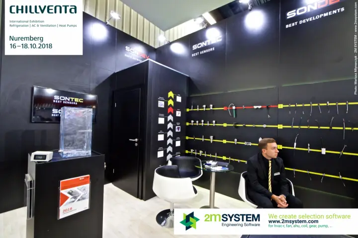 Sontec and Sondev stand with clear block sensor demo plinth at Chillventa 2018