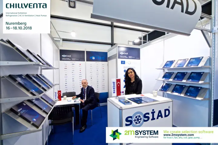 SOSIAD association stand with publications and member logo wall at Chillventa 2018
