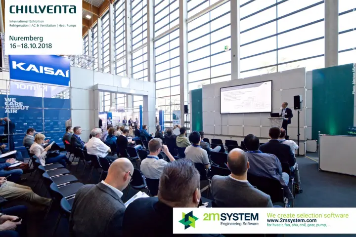 Speaker presenting a system diagram slide on the forum stage at Chillventa 2018