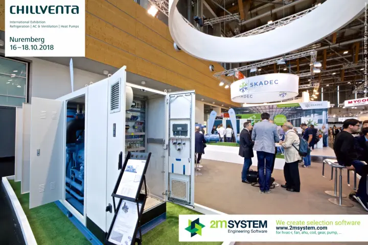 SRM compressor unit with open cabinet doors showing wiring and blue compressor at Chillventa 2018