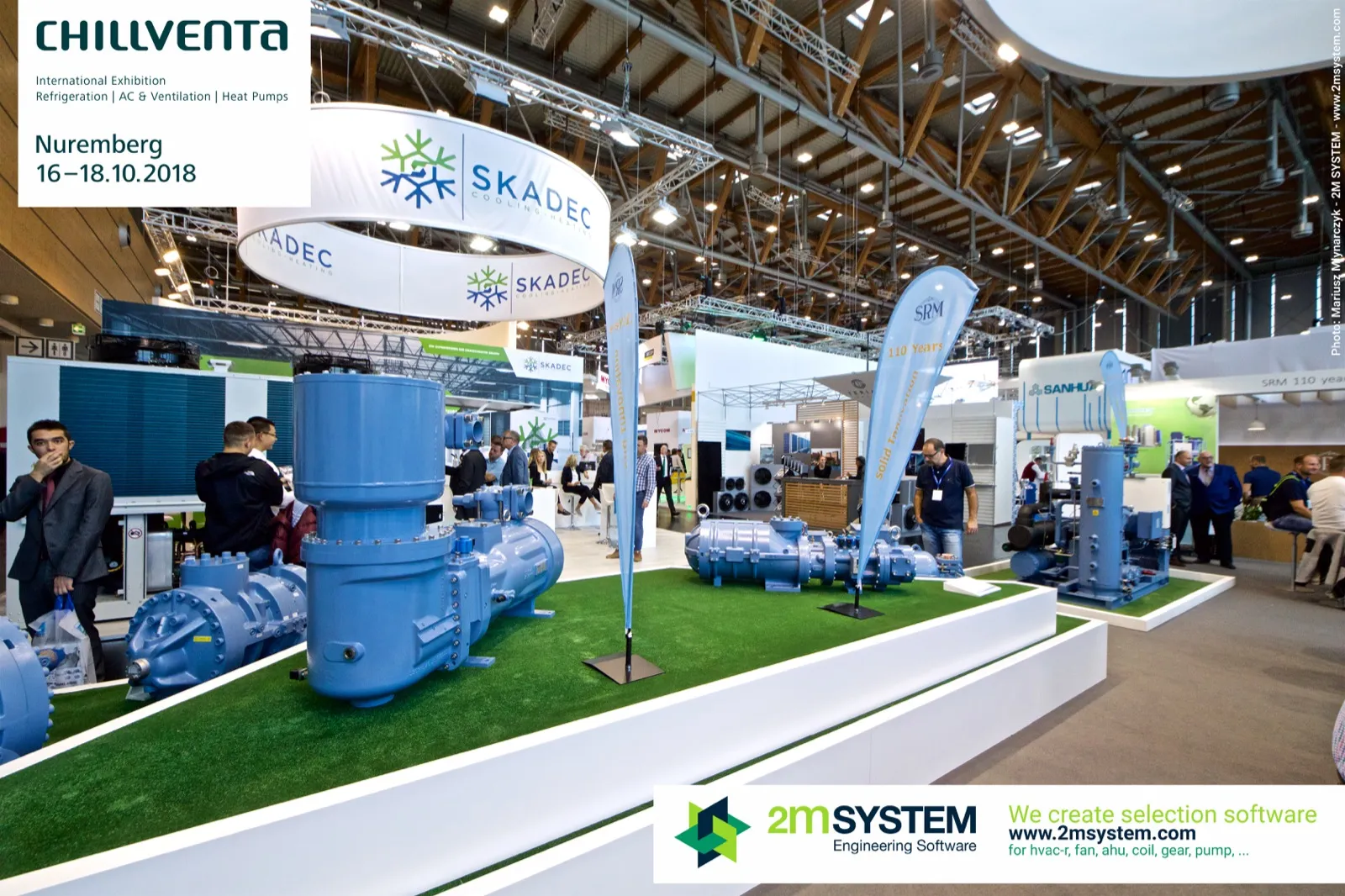 SRM screw compressors on green turf with "110 Years" flags and Skadec banner at Chillventa 2018