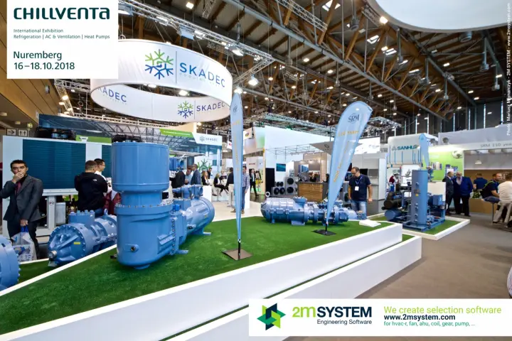 SRM screw compressors on green turf with "110 Years" flags and Skadec banner at Chillventa 2018