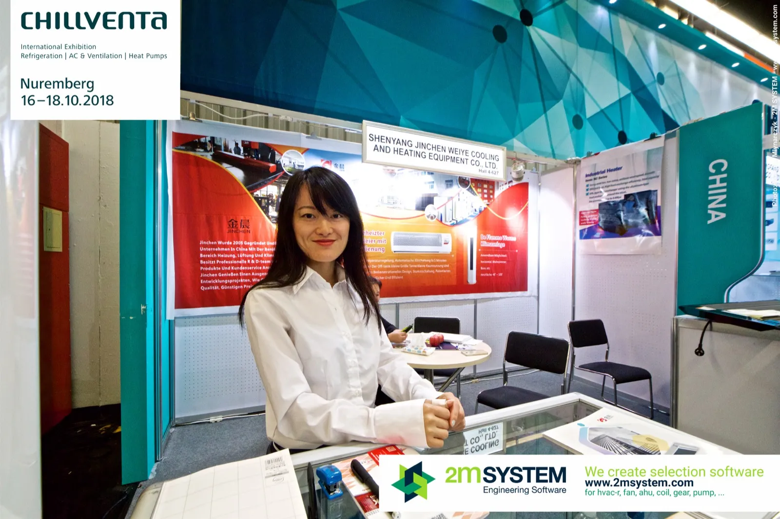 Staff at the glass counter of the Jinchen cooling and heating booth at Chillventa 2018