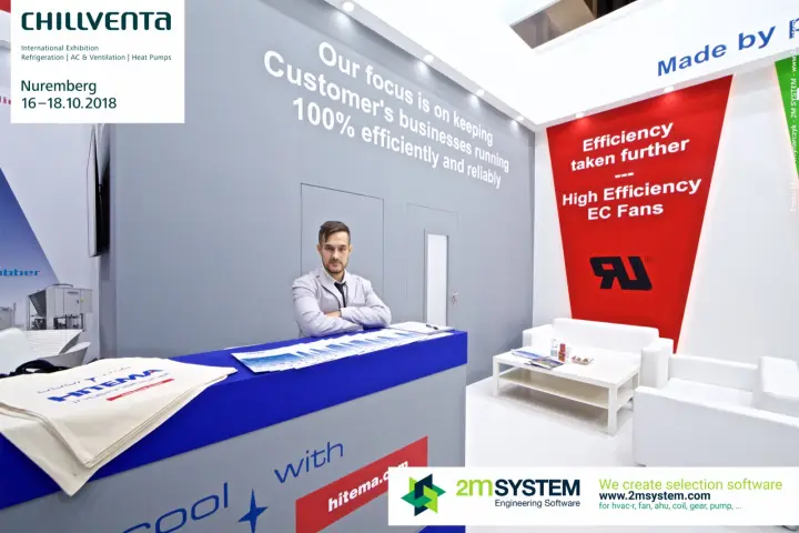 Staff portrait at the Hitema counter under the stand slogan at Chillventa 2018
