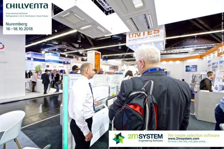 Staff present Hisense indoor units beneath ceiling cassettes on Kaut stand at Chillventa 2018
