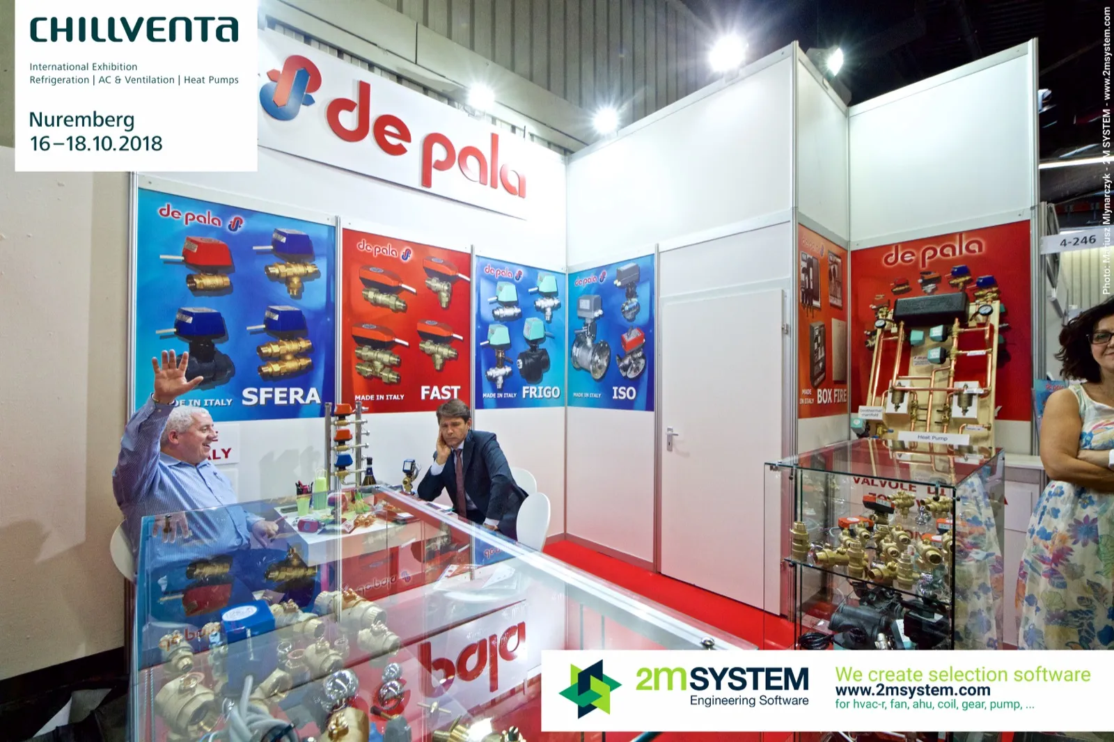 Staff waving from behind the De Pala valve showcase at Chillventa 2018
