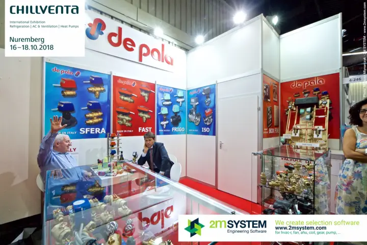 Staff waving from behind the De Pala valve showcase at Chillventa 2018