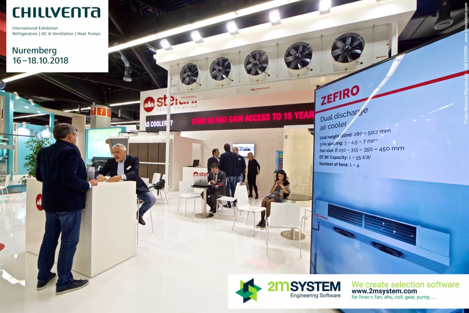 Stefani screen presenting the ZEFIRO dual discharge air cooler at Chillventa 2018