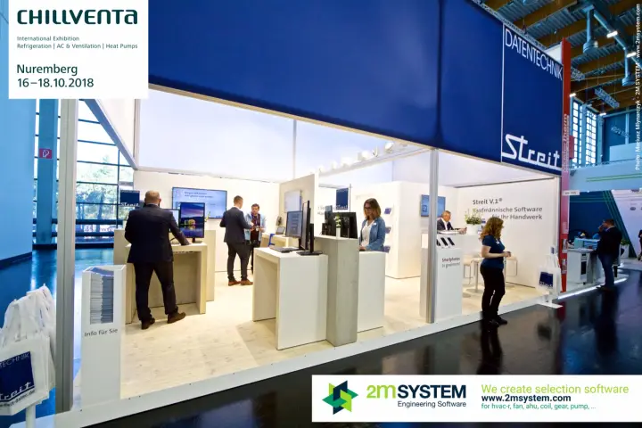 Streit Datentechnik stand with software demo desks and navy fascia