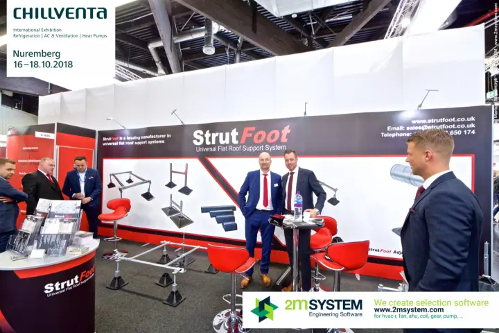 StrutFoot stand with flat roof support frames and red bar stools