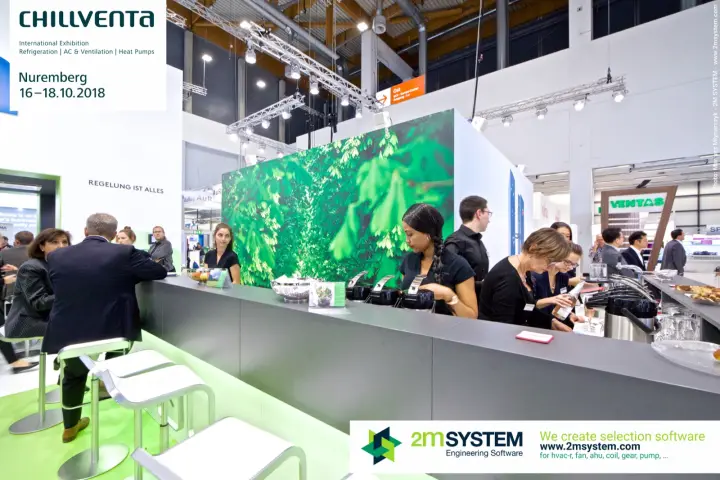 Swegon catering bar with a large green foliage print behind the counter at Chillventa 2018
