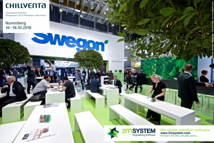 Swegon hospitality area under foliage with 'Regelung ist alles' slogan at Chillventa 2018
