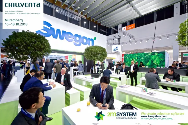 Swegon lounge with white benches, potted trees and a large blue logo at Chillventa 2018