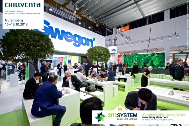 Swegon lounge with white benches, trees and a green foliage backdrop at Chillventa 2018
