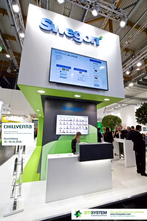 Swegon reception tower with screens on the Latour investment group at Chillventa 2018