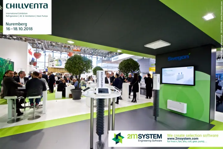 Swegon screen "Kühlen mit GKS" beside a wall-mounted fan convector at Chillventa 2018